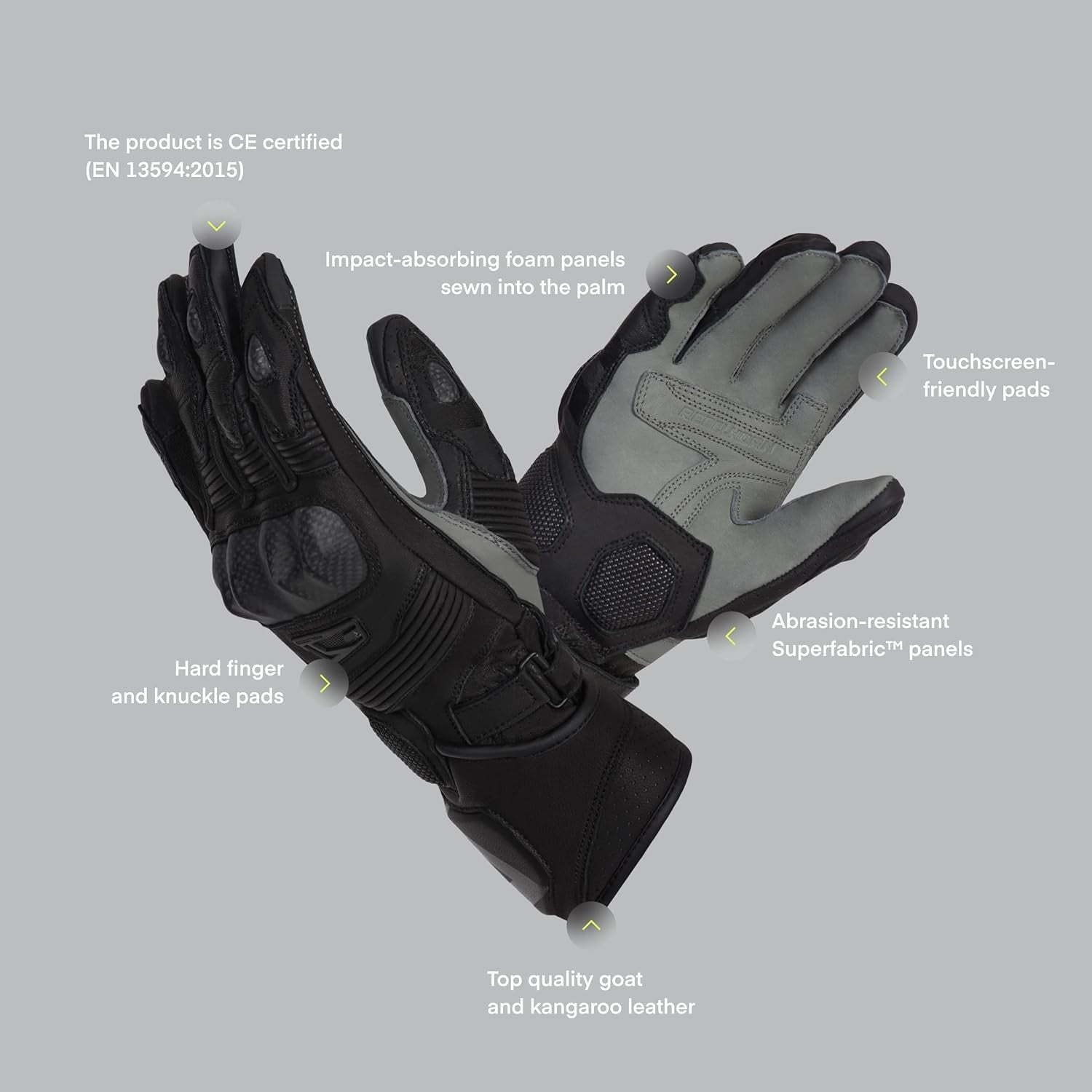 REBEL HORN - GUANTES PIEL FIGHTER BLACK/FLUO YELLOW – 5 – Maximomoto PT