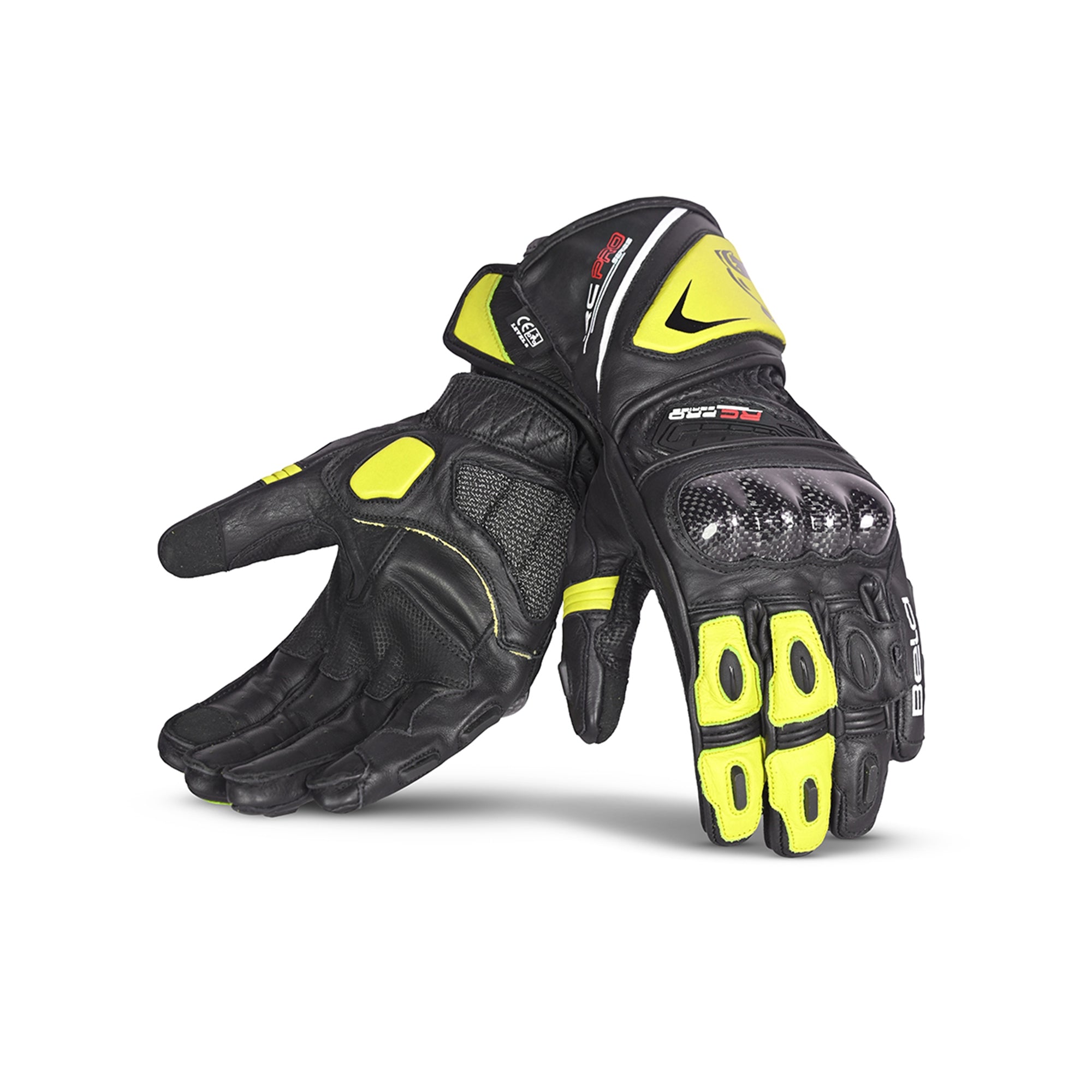 BELA ROCKET Moto Couro Longa Luvas Preto Fluorescente Amarelo