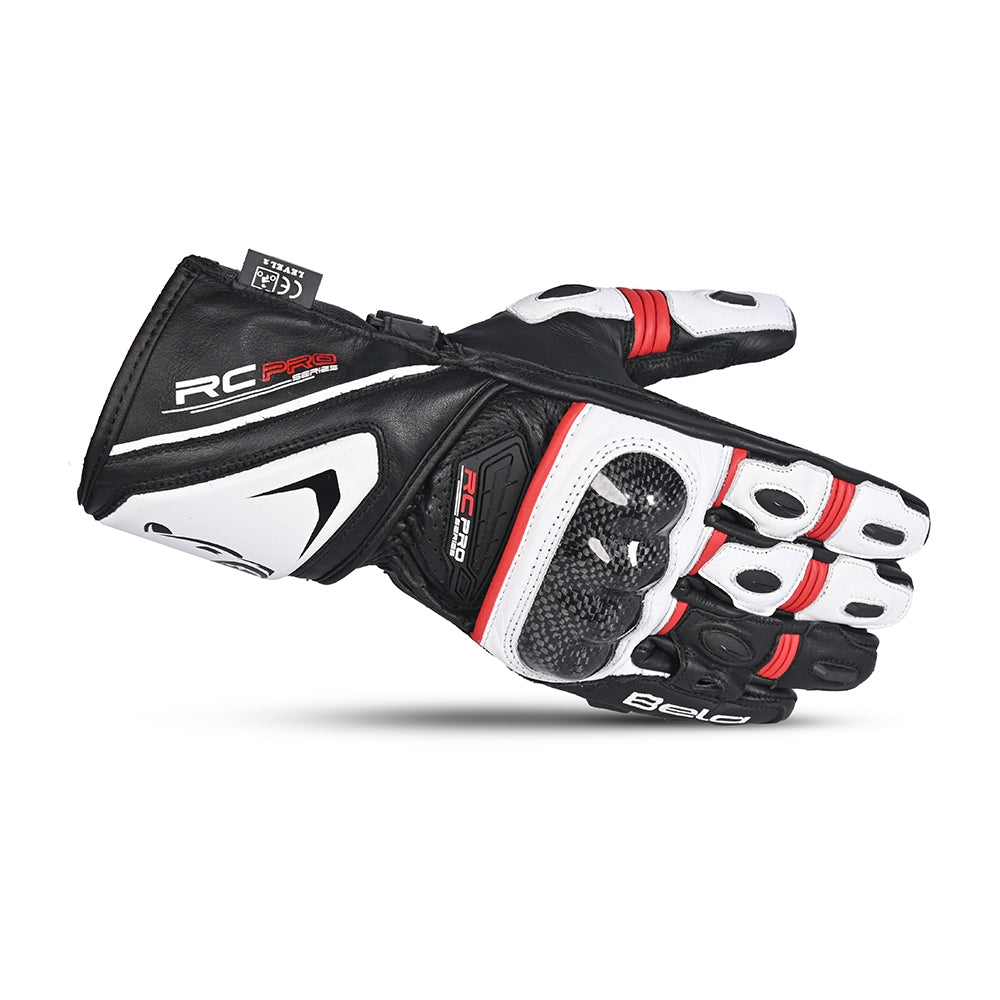 BELA ROCKET Couro Moto Longa Luvas Branco Vermelho Preto