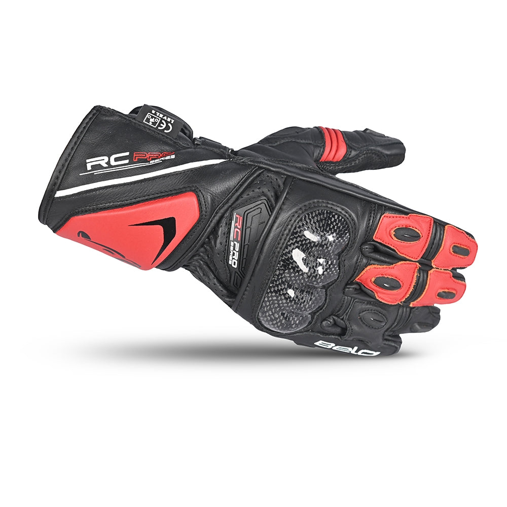 BELA ROCKET Couro Moto Longa Luvas Preto Vermelho