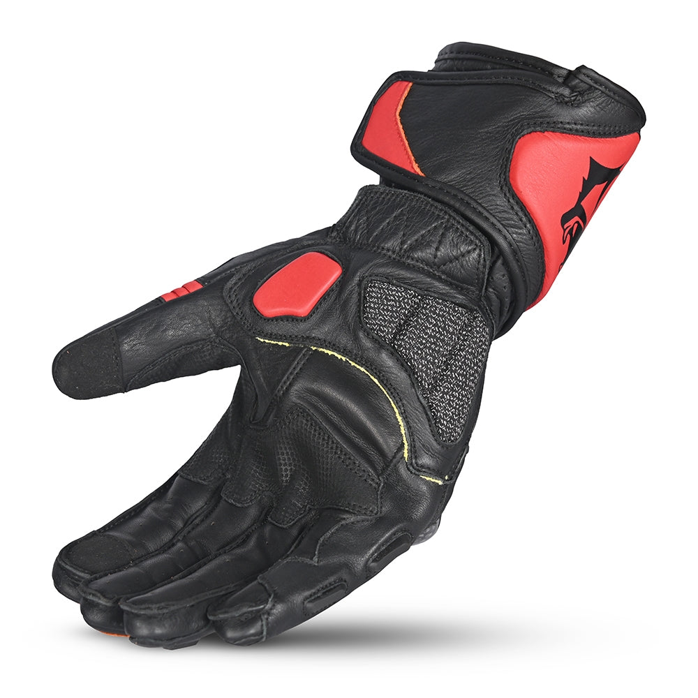 BELA ROCKET Couro Moto Longa Luvas Preto Vermelho