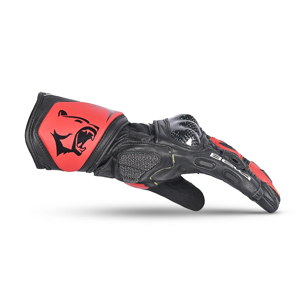 BELA ROCKET Couro Moto Longa Luvas Preto Vermelho