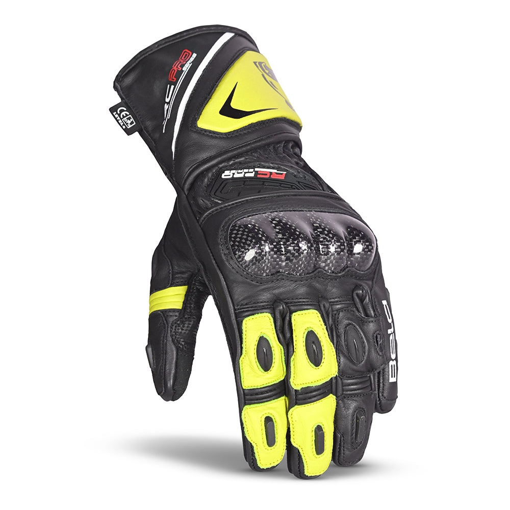 BELA ROCKET Couro Moto Longa Luvas Preto Fluorescente Amarelo