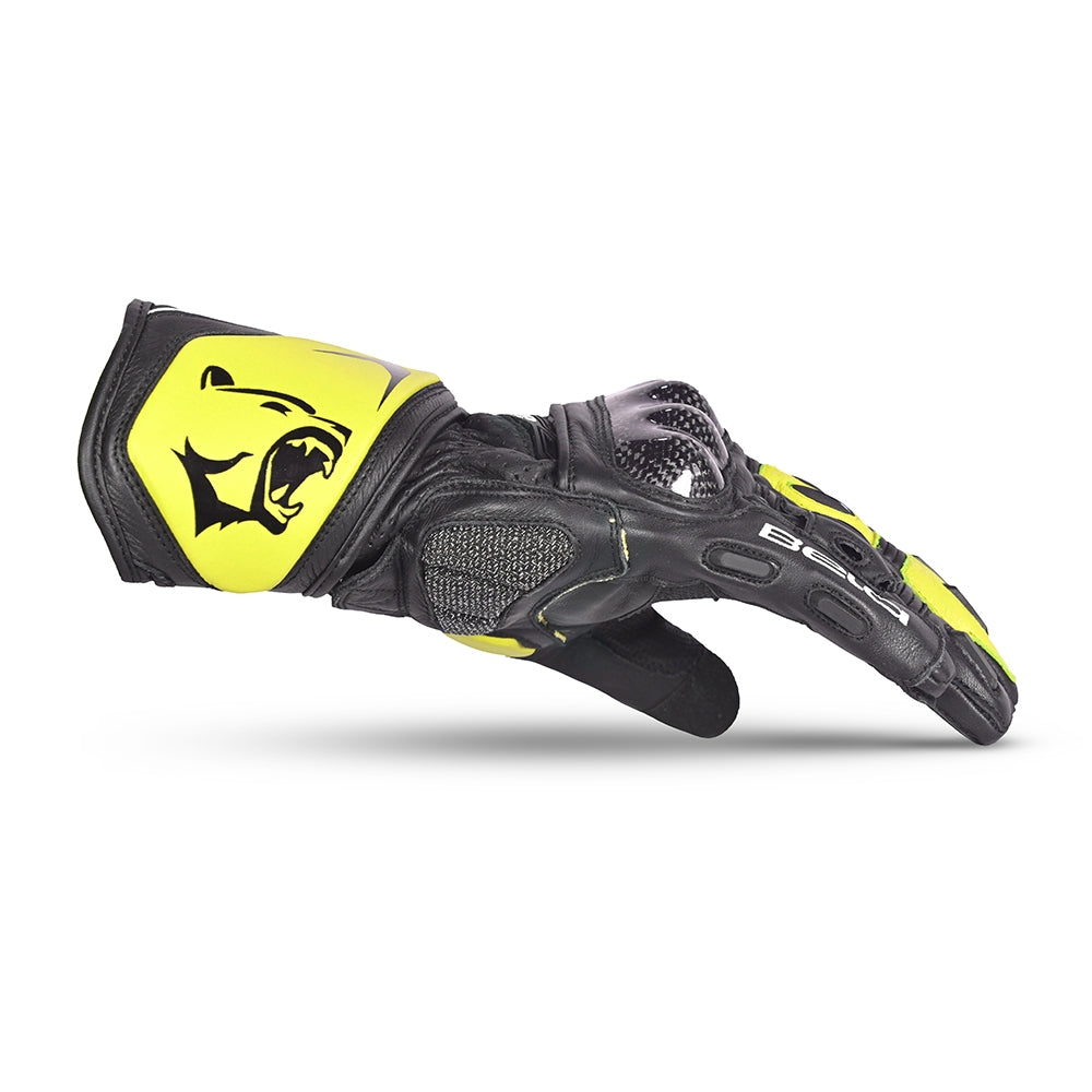BELA ROCKET Couro Moto Longa Luvas Preto Fluorescente Amarelo