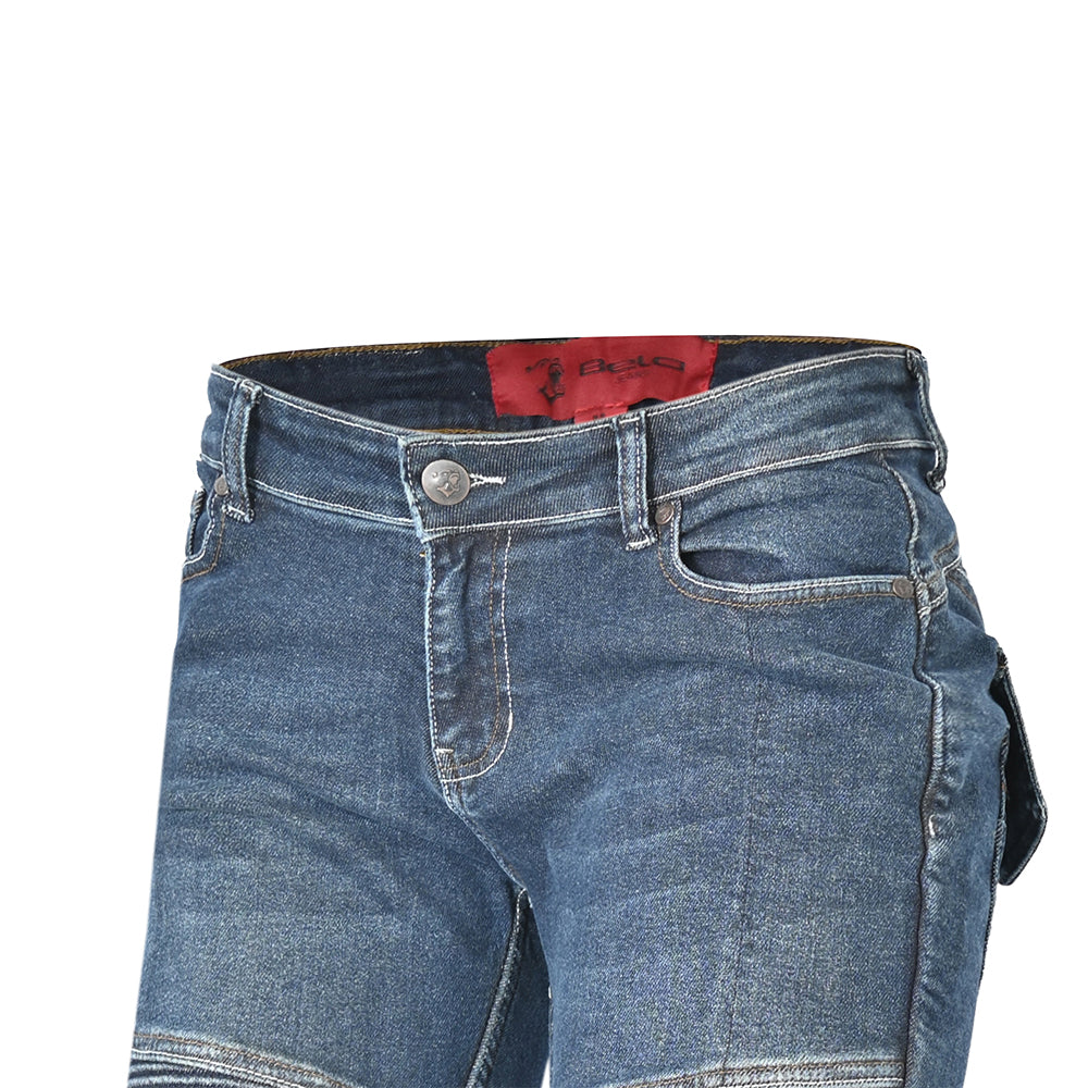 Bela Rosekin Motocicleta mulher Denim Calças ganga Azul