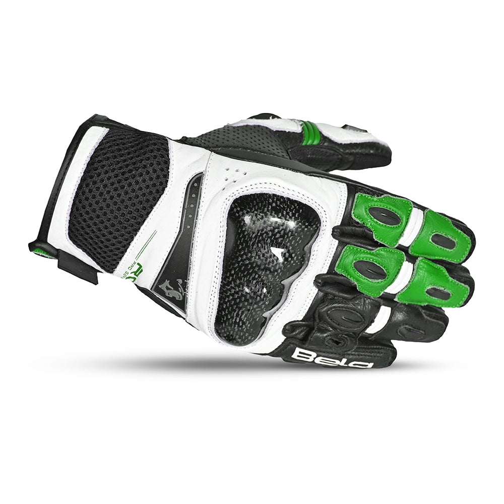 BELA ROCKET Couro Moto Short Luvas Branco Verde Preto