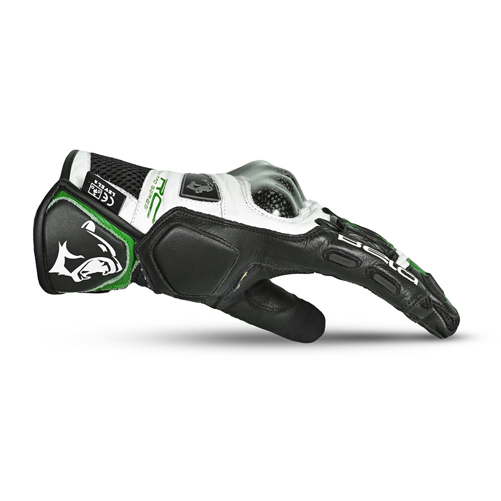 BELA ROCKET Couro Moto Short Luvas Branco Verde Preto