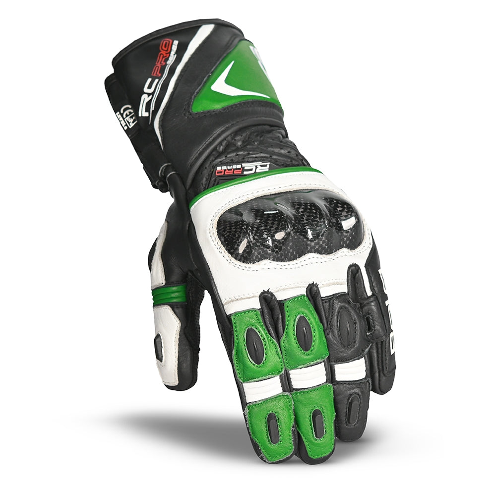 BELA ROCKET Moto Couro Longa Luvas Branco Verde Preto