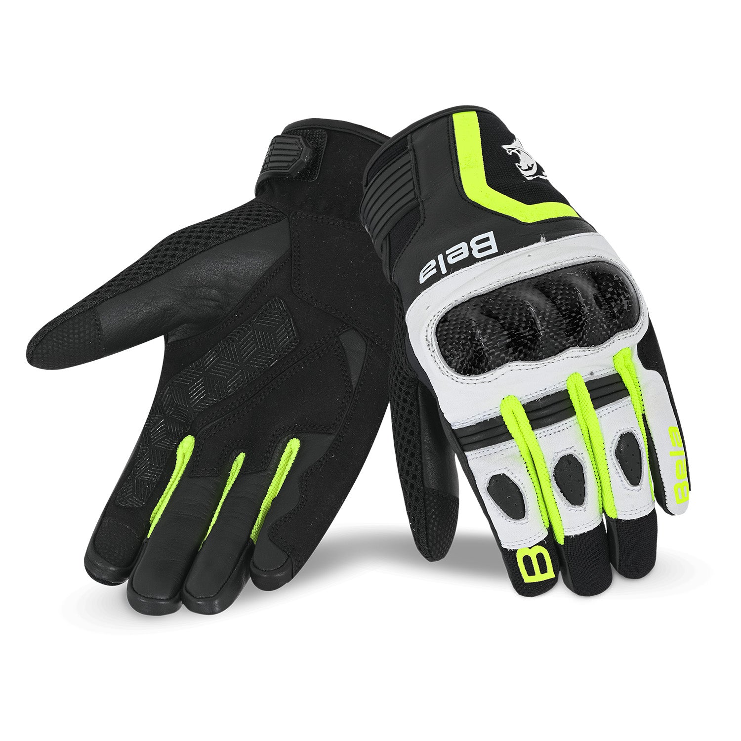 BELA AIR FLOW Motorcycle Leather Gloves Black White Fluorescent Yellow – 1 – Maximomoto PT