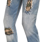 BELA STONE Denim Jeans Moto Calcas Camuflagem Azul