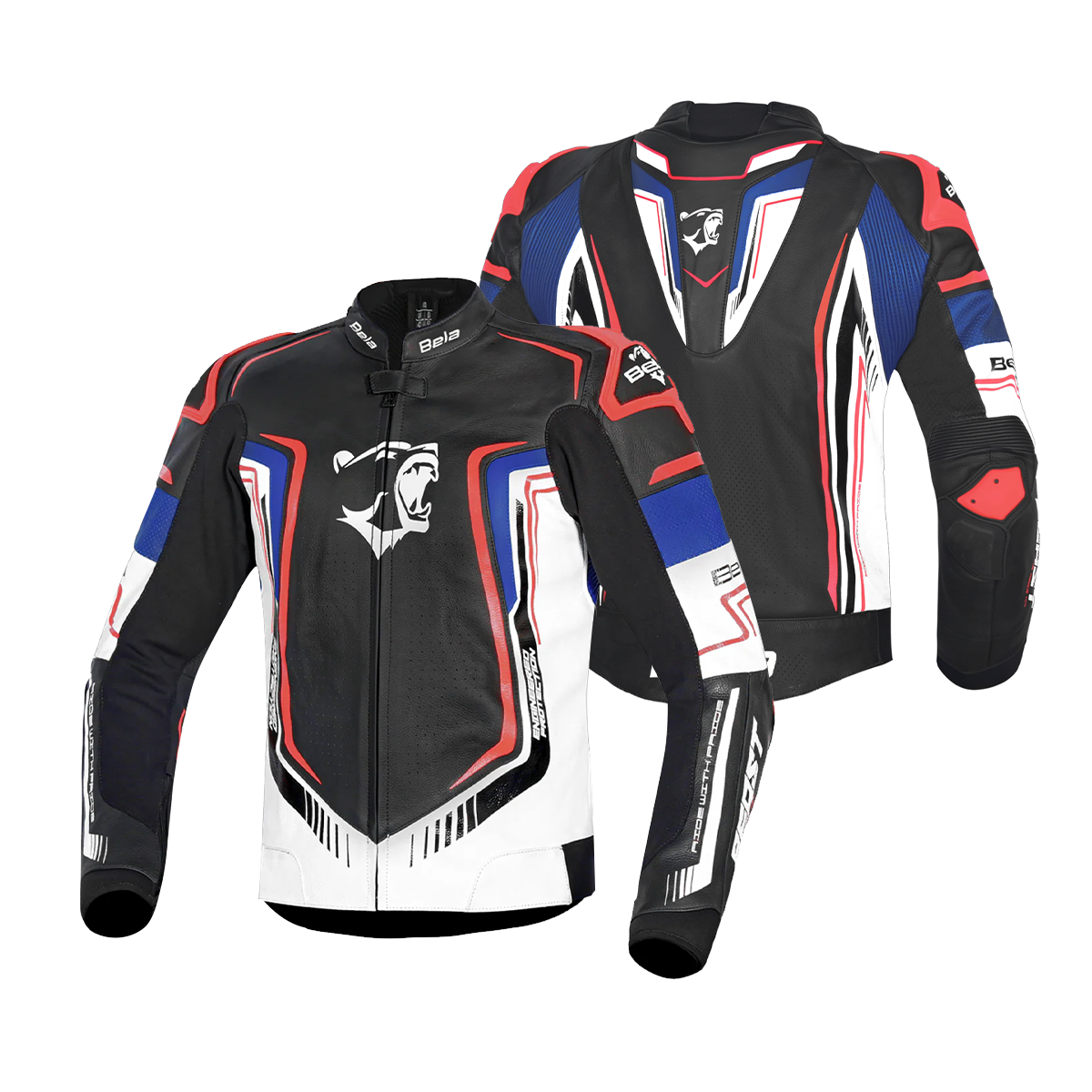 BELA BEAST MEN'S LEATHER CHAQUETA NEGRO BLANCO BLUE ROJO – 2 – Maximomoto PT