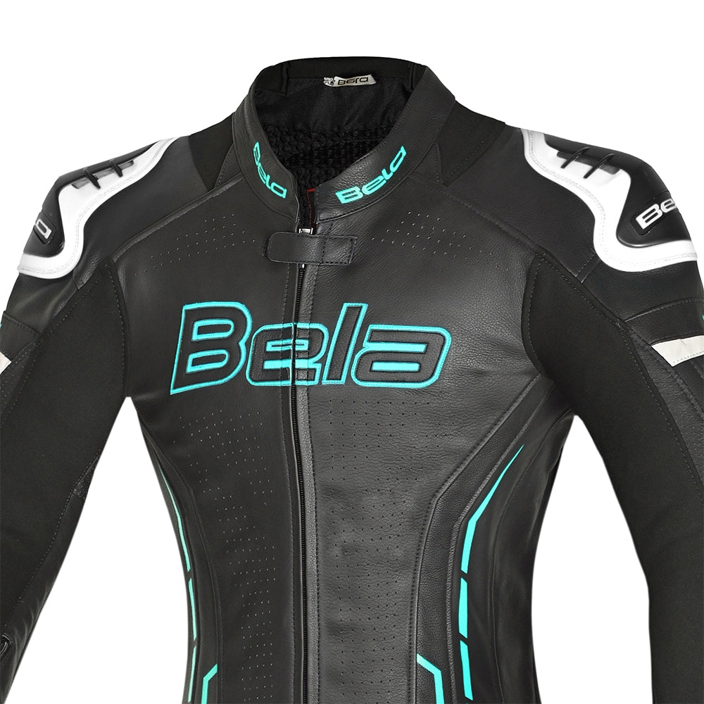 BELA ROCKET MIX 1 PC Senhora Moto Fato Branco Preto Azul - imagem parte superior peito do terno