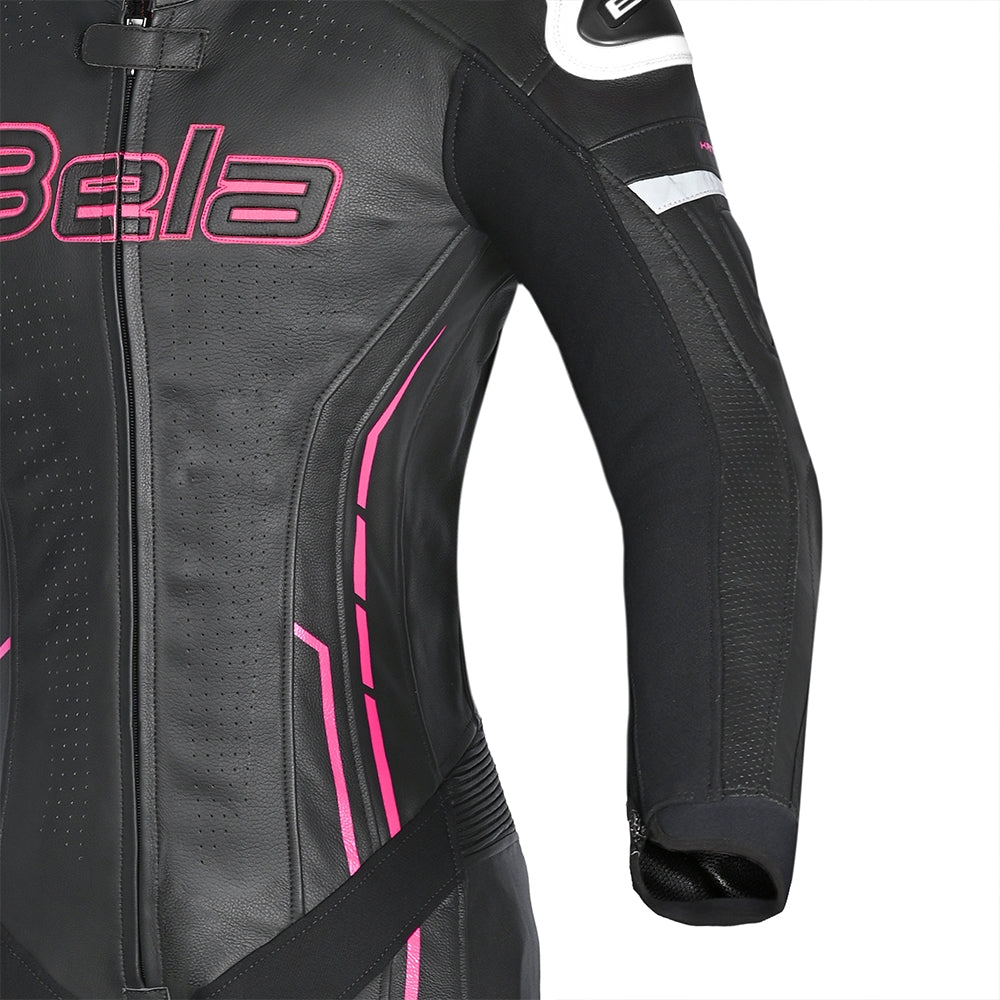 BELA ROCKET MIX 1 PC Senhora Moto Fato Branco Preto Rosa - Imagem superior frontal esquerda do traje