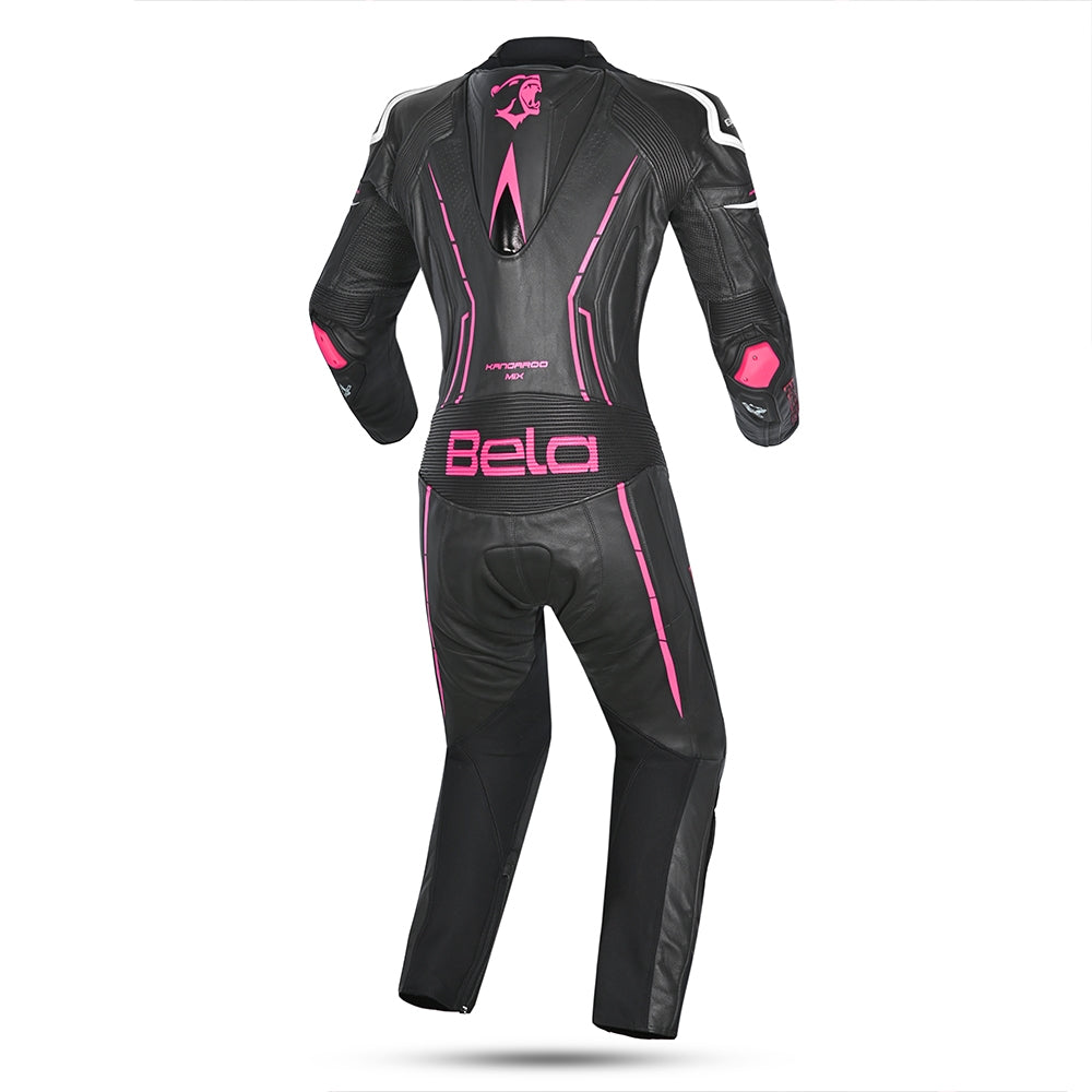 BELA ROCKET MIX 1 PC Senhora Moto Fato Branco Preto Rosa - Imagem traseira do terno