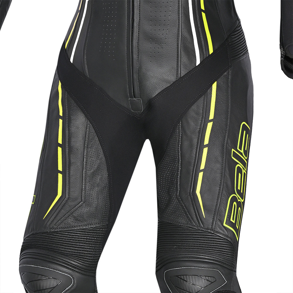 BELA ROCKET MIX 1 PC Senhora Moto Fato Preto Amarelo Fluorescente - Imagem central do traje de frente.