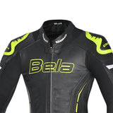 BELA ROCKET MIX 1 PC Senhora Moto Fato Preto Amarelo Fluorescente - imagem parte superior peito do terno