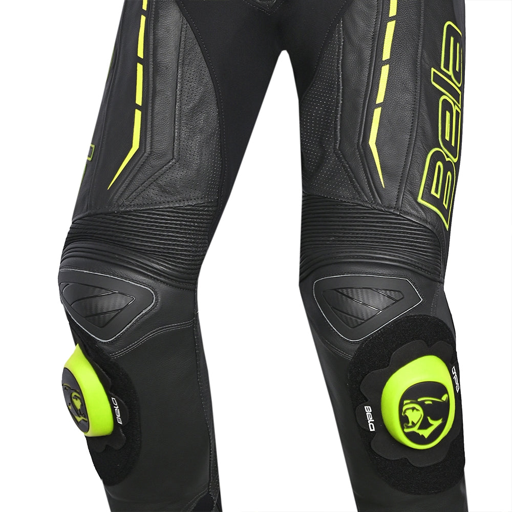 BELA ROCKET Mix Kangaroo 1 PC Moto Fato Preto Amarelo Flúor - Imagem do lado do joelho do terno