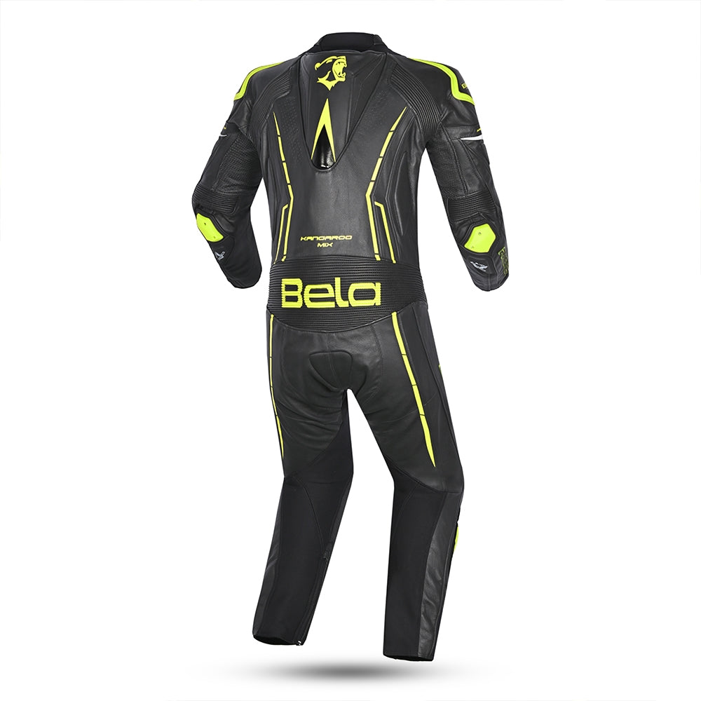 BELA ROCKET Mix Kangaroo 1 PC Moto Fato Preto Amarelo Flúor - Imagem traseira do terno