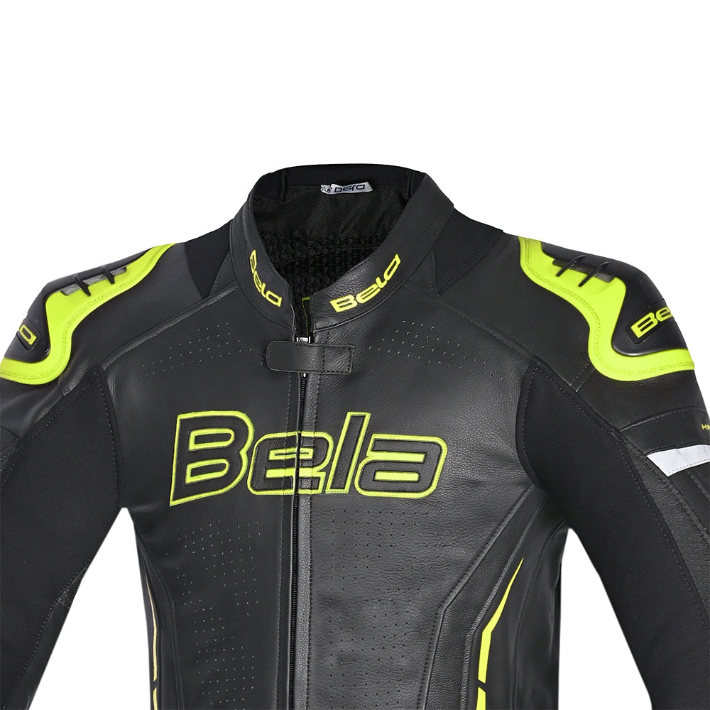 BELA ROCKET Mix Kangaroo 1 PC Moto Fato Preto Amarelo Flúor - imagem parte superior peito do terno