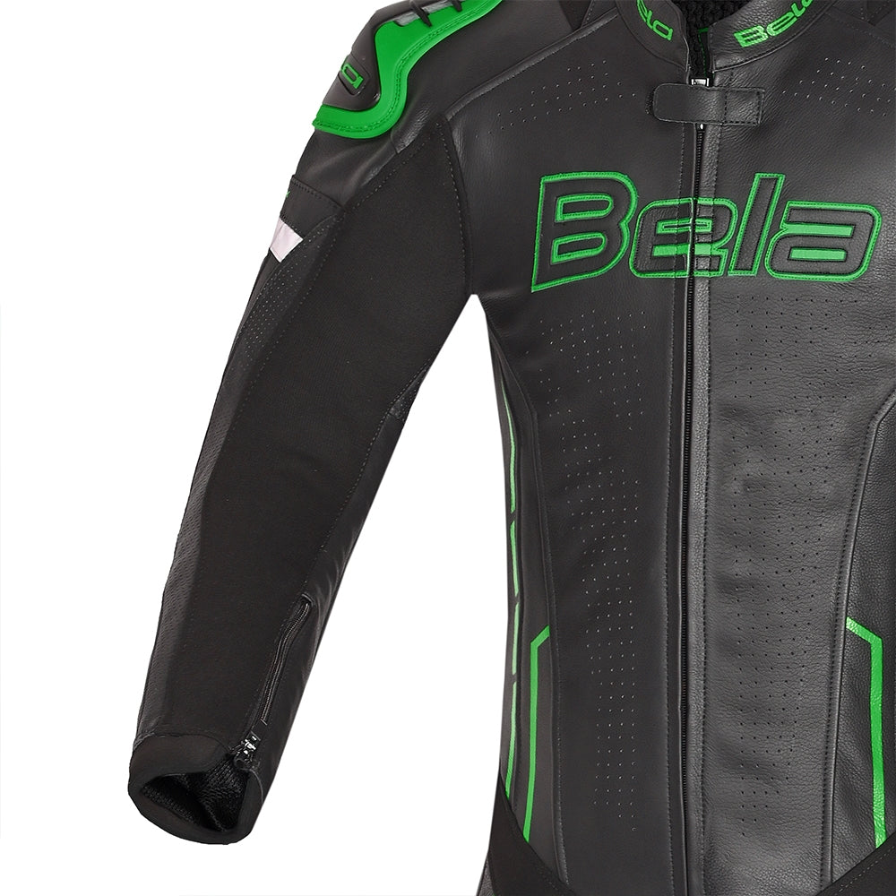 BELA ROCKET Mix Kangaroo 1 PC Moto Fato Preto Verde - Imagem superior direita do traje