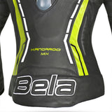 BELA Rocket Senhora Moto Couro Casacos Preto Amarelo Fluo - Imagem central traseira da Casacos