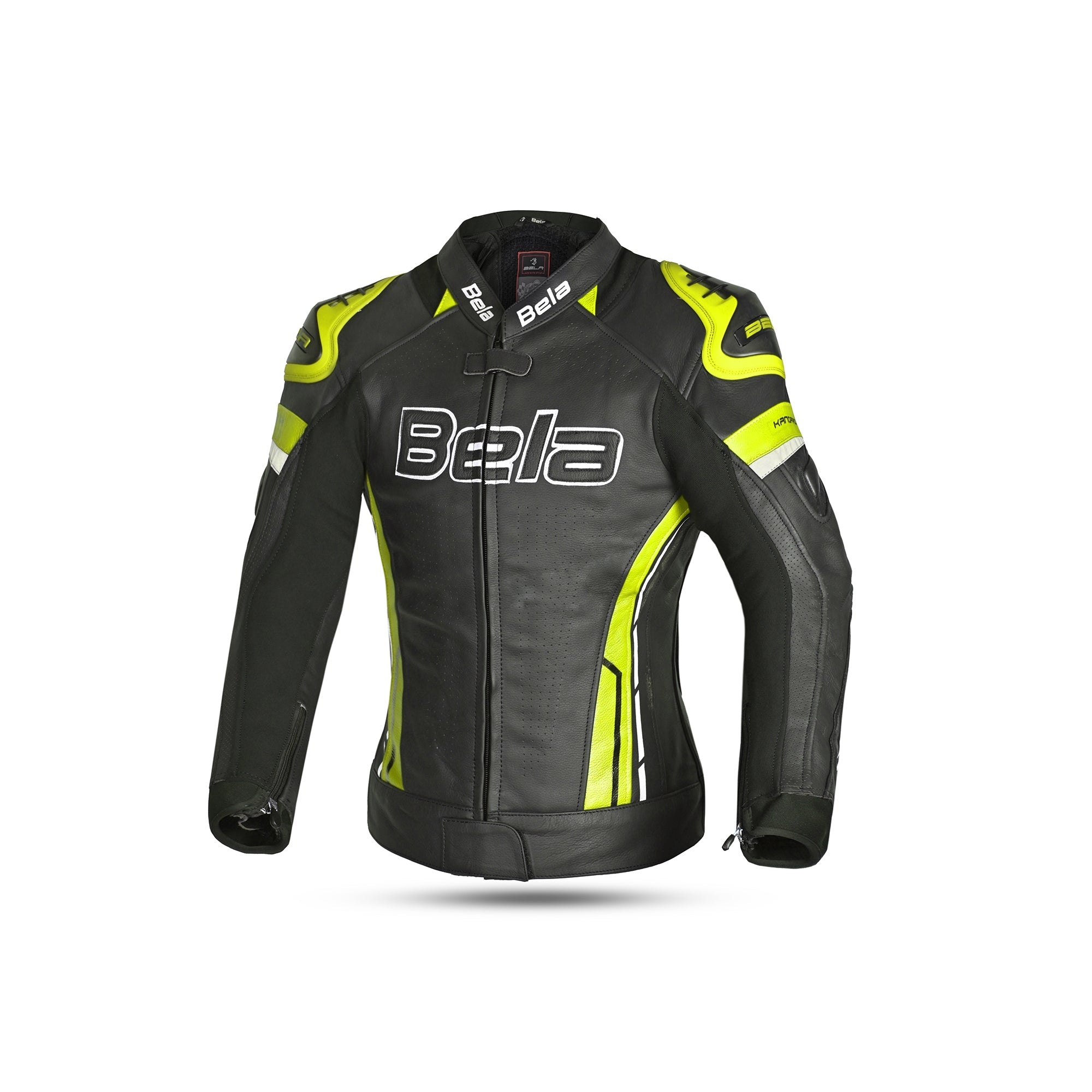 BELA Rocket Senhora Moto Couro Casacos Preto Amarelo Fluo – 1 – Maximomoto PT