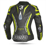 BELA Rocket Senhora Moto Couro Casacos Preto Amarelo Fluo - Imagem traseira da ja Casacos