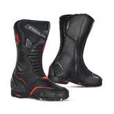 BELA STRIP Moto Couro Botas Pretas Vermelhas - Imagem dupla de botas