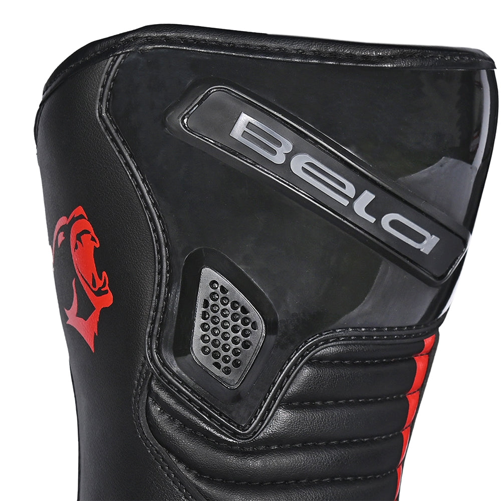 BELA STRIP Moto Couro Botas Pretas Vermelhas - logo