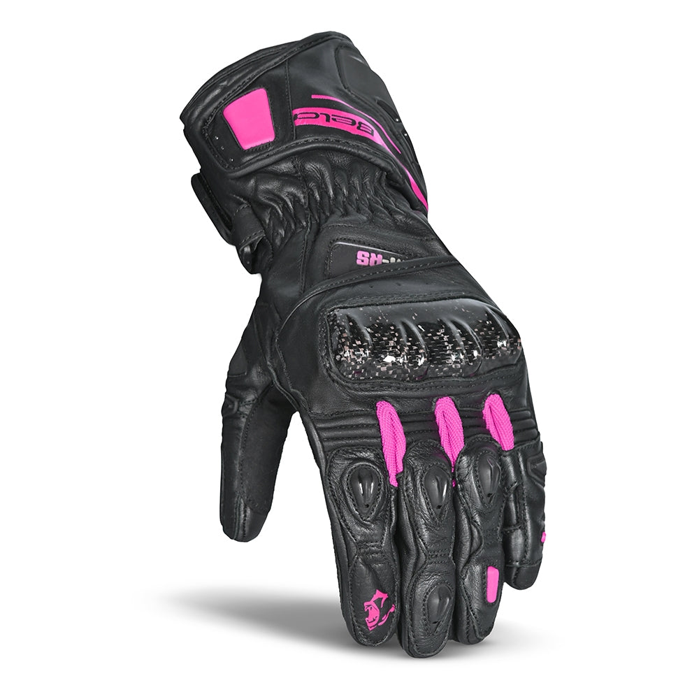 BELA VENOM RS Moto Senhora Couro Luvas Preto Rosa - Imagem frontal das luvas