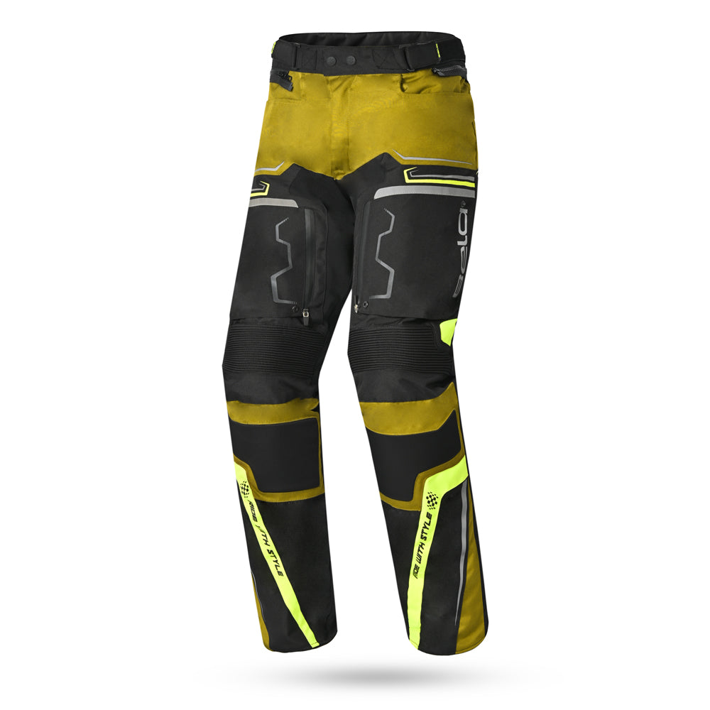 BELA Watson Têxtil Moto Calça Preto Castanho Amarelo Branco