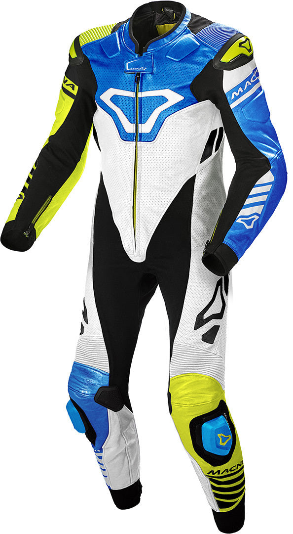 MACNA TRACKTIX 1 PC Moto Homem Perforado Couro Fatos Branco Amarelo Fluo Azul – 1 – Maximomoto PT