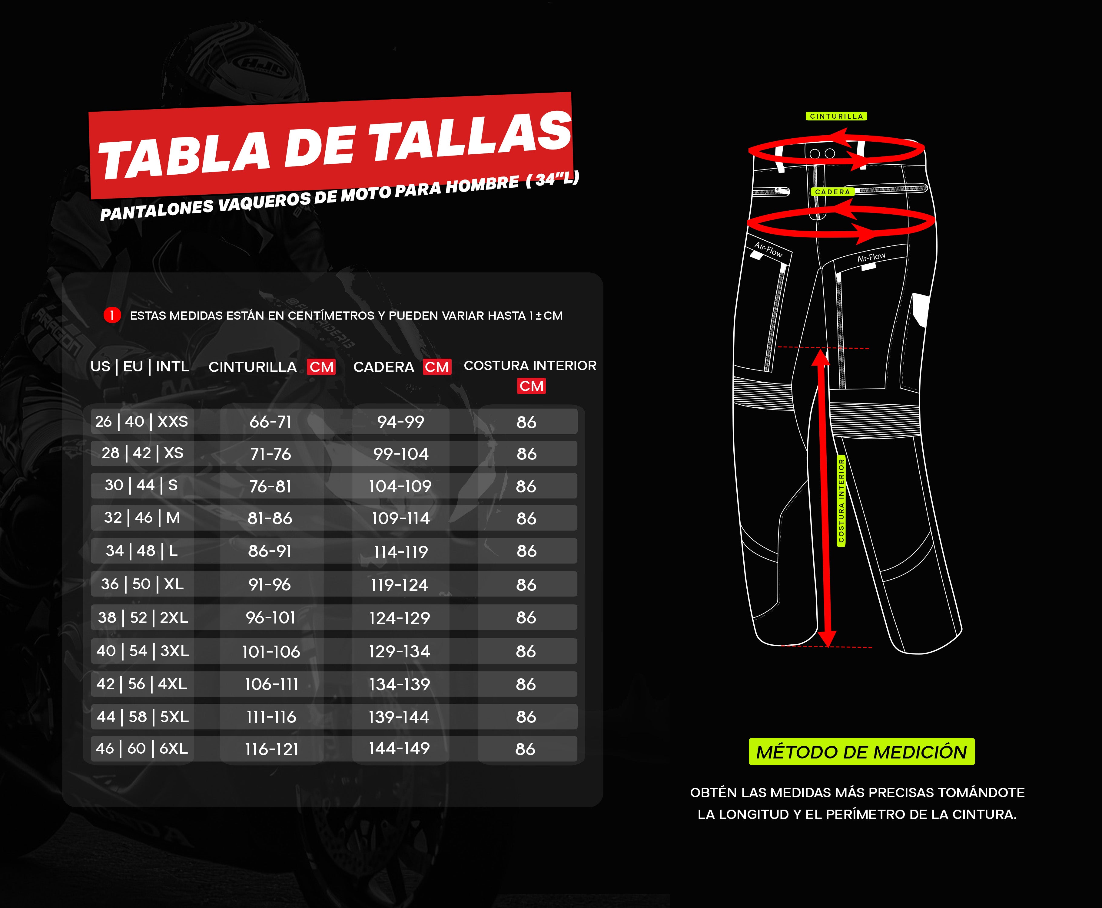R-TECH VAQUERO VALENCIA CE Motocicleta Calças ganga preta 34L