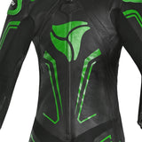 R-TECH MONO 1 PC RISING STAR MIX KANGAROO Moto Fatos Preto Verde - Imagem central do traje de frente.