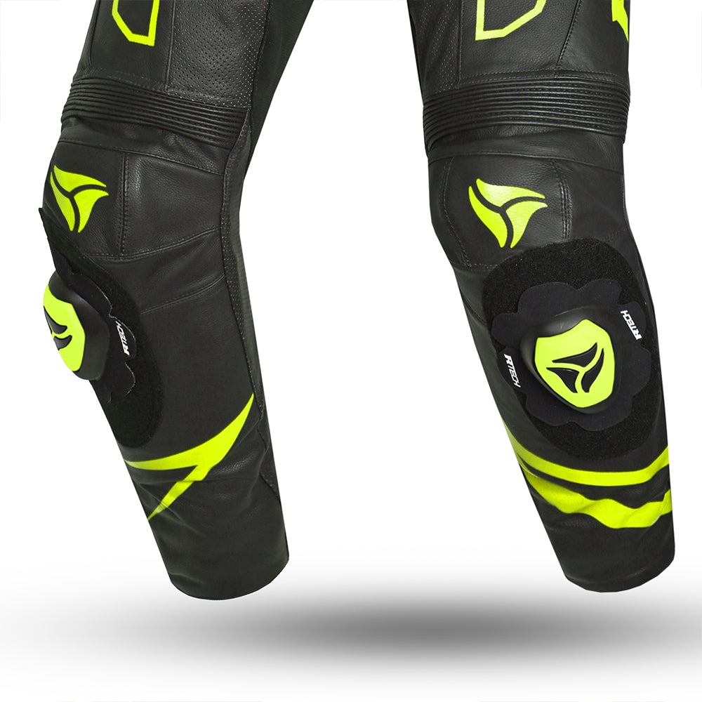R-TECH RISING STAR 1 PC Moto Fatos Preto Fluorescente Amarelo - Imagem do lado do joelho do terno