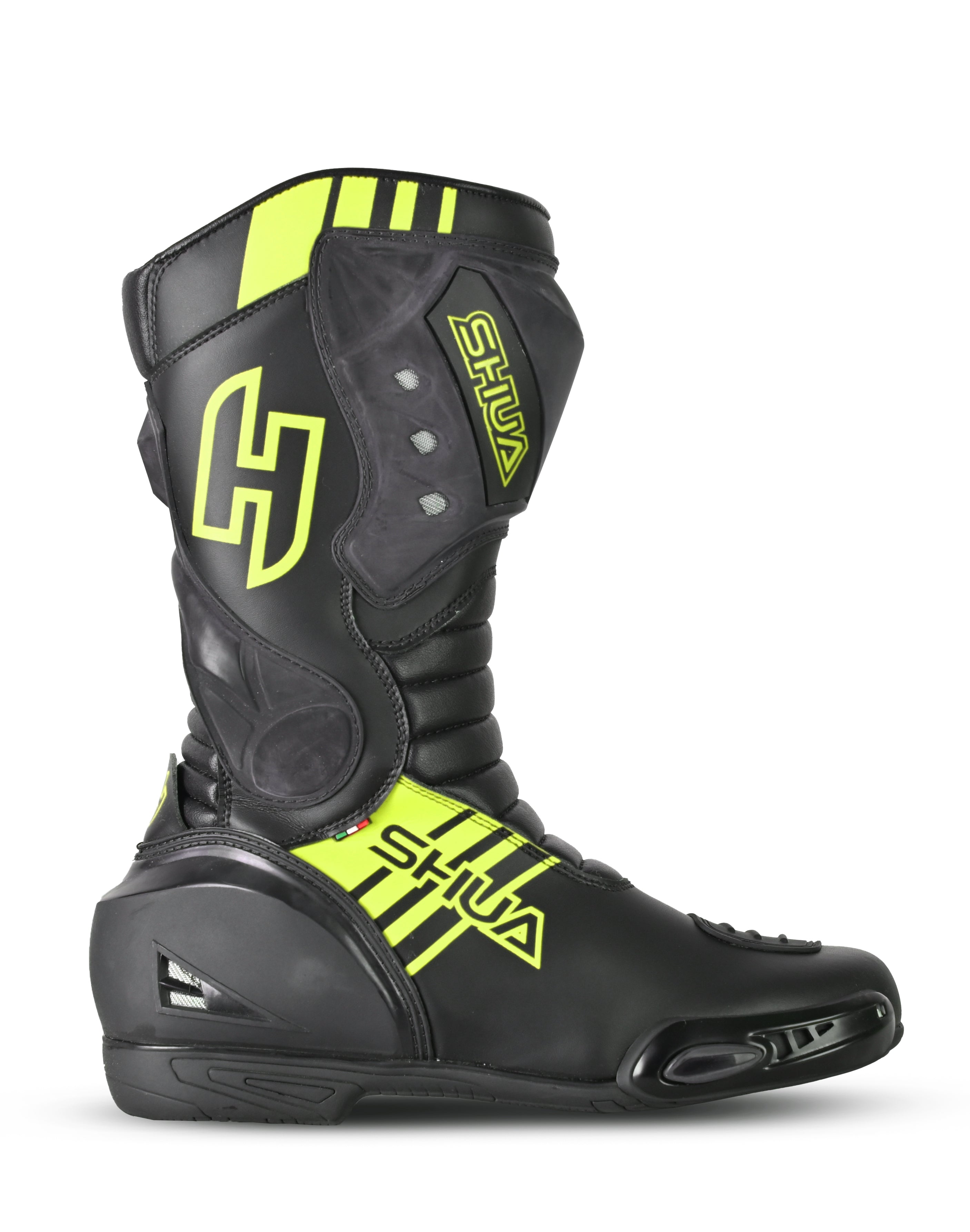 SHUA SUPER TECH Moto Couro Botas Pretas Amarelas Fluorescentes - Imagem do lado direito de Boots