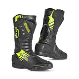 SHUA SUPER TECH Moto Couro Botas Pretas Amarelas Fluorescentes - Imagem dupla de botas