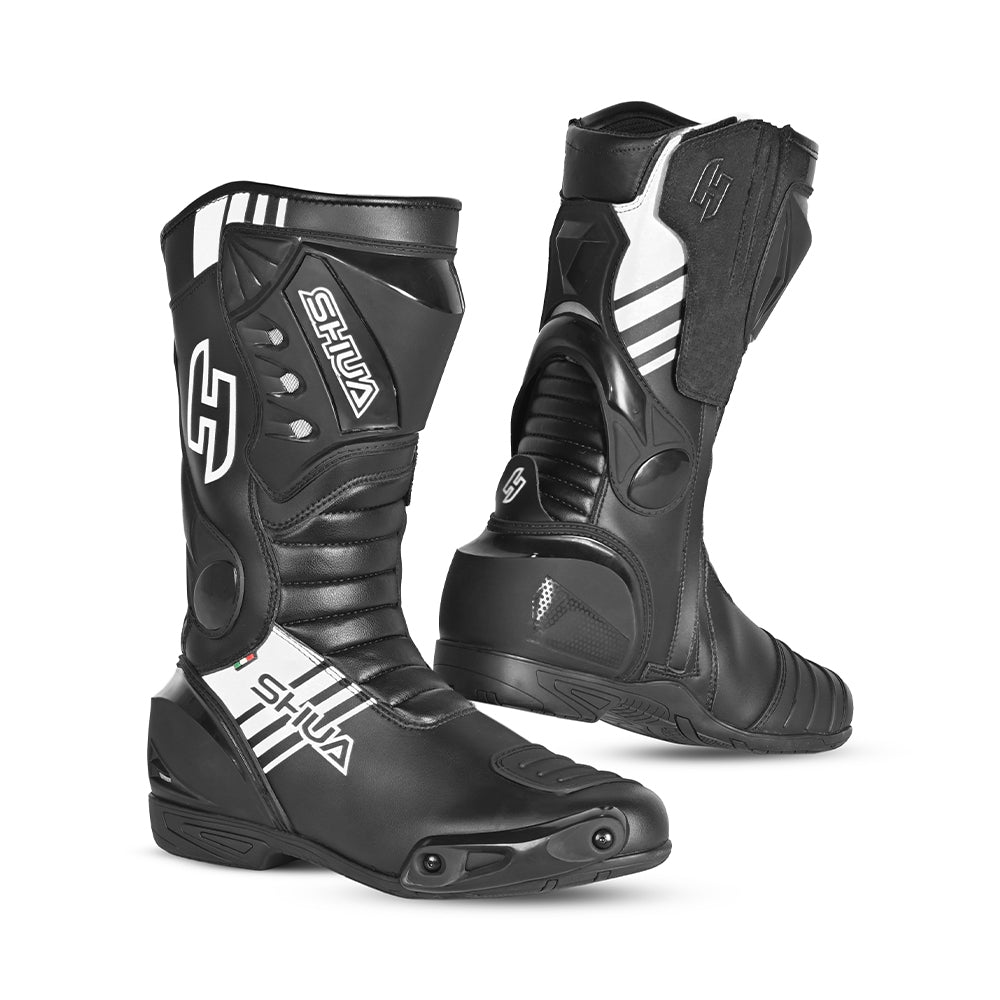 SHUA SUPER TECH Moto Couro Botas Preto Branco - Imagem dupla de botas