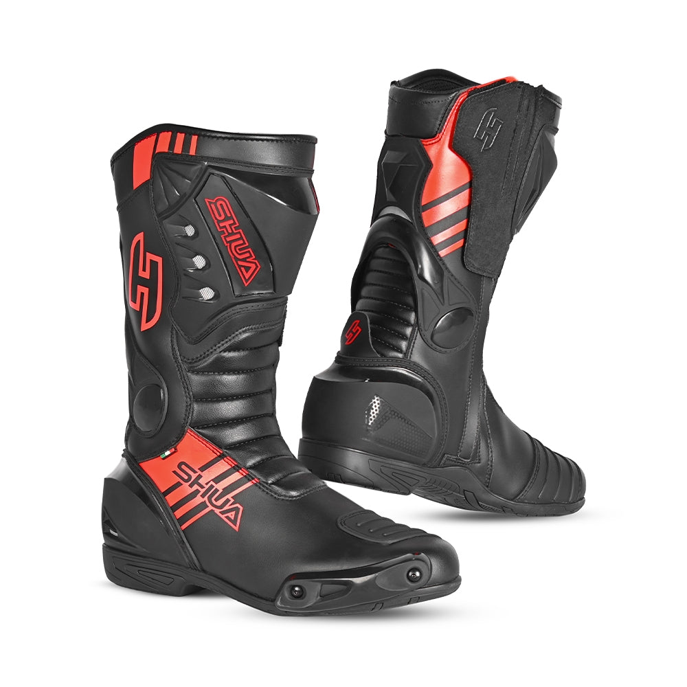 SHUA SUPER TECH Moto Couro Botas Preto Vermelho - Imagem dupla de botas
