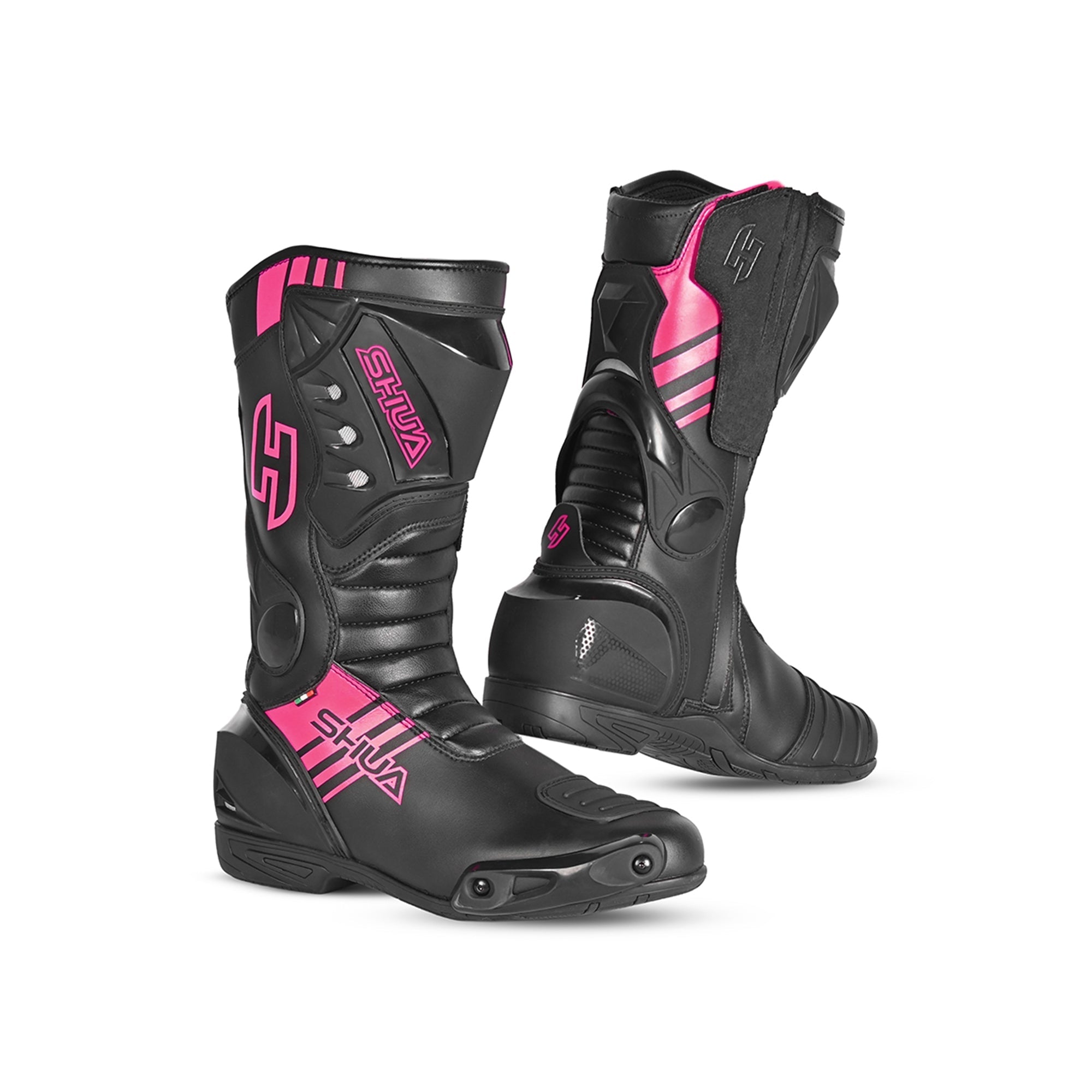 SHUA SUPER TECH Moto Couro Senhora Botas Preto Rosa - Imagem dupla de botas