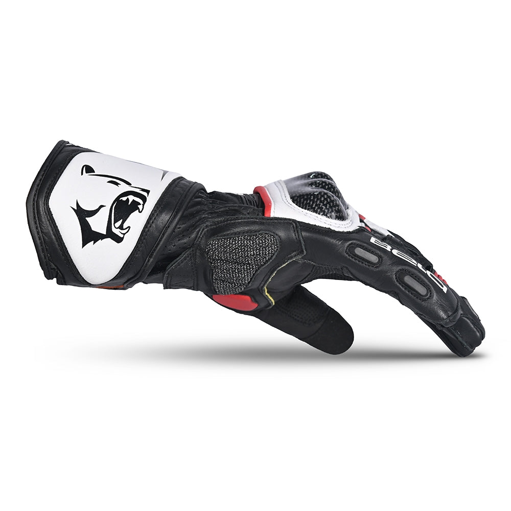 BELA ROCKET Couro Moto Longa Luvas Branco Vermelho Preto