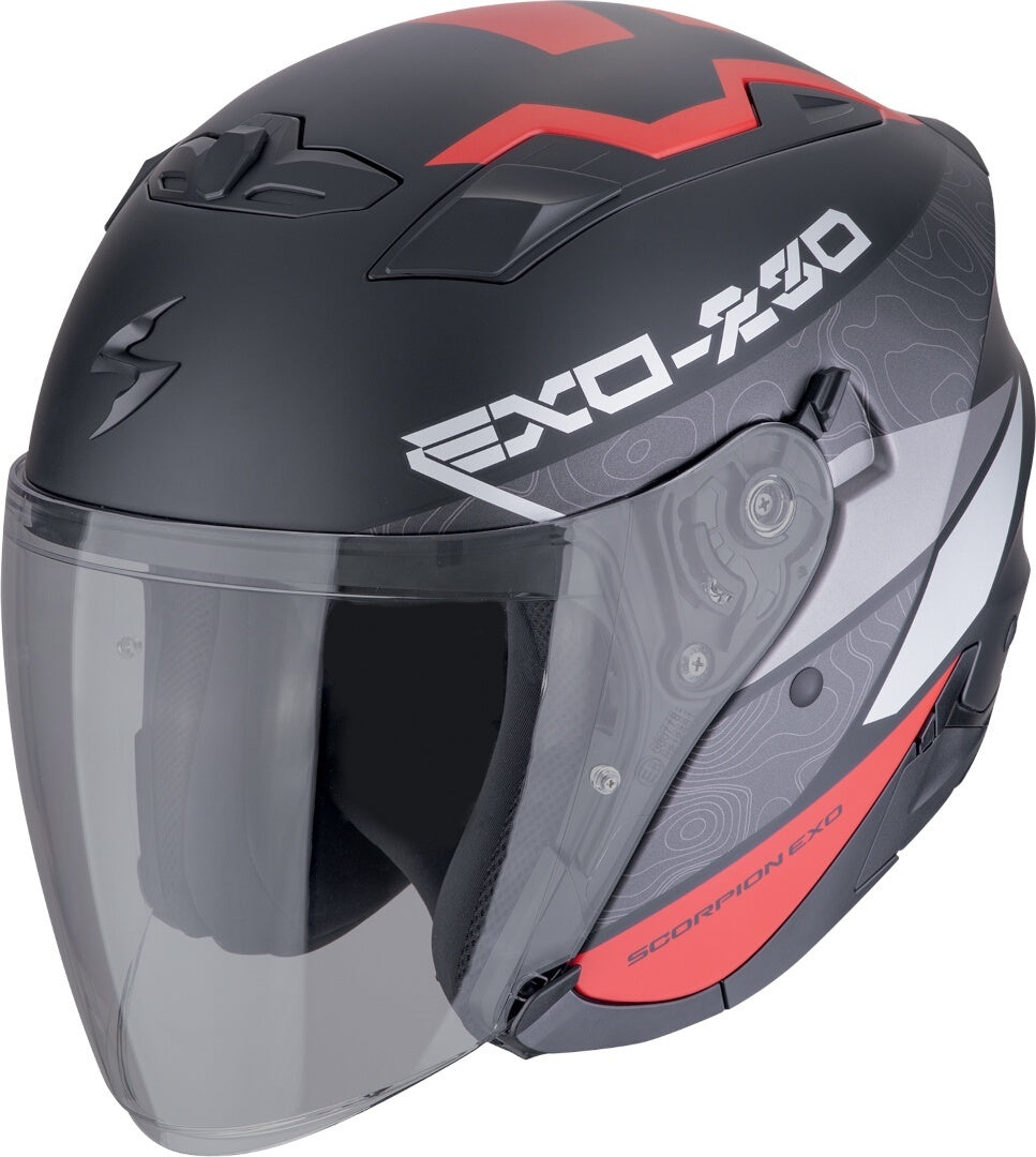 Scorpion EXO-230 BAND Cara Abierta Jet Casco Negro Mate Rojo Plata