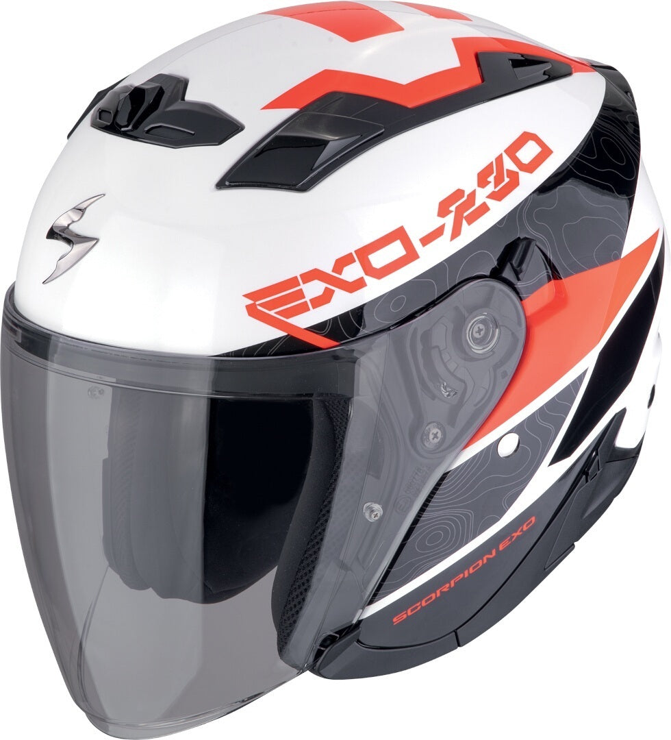 Scorpion EXO-230 BAND Open Face Jet Casco Blanco Negro Red – 1 – Maximomoto PT