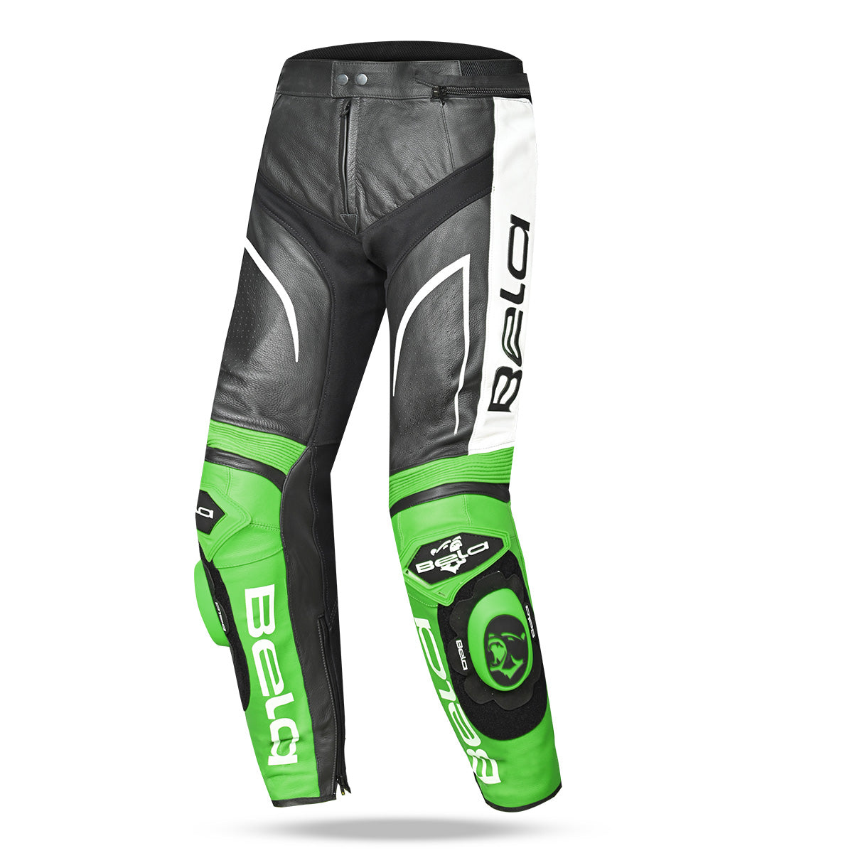 BELA X RACE Moto Couro Calcas Preto Branco Verde