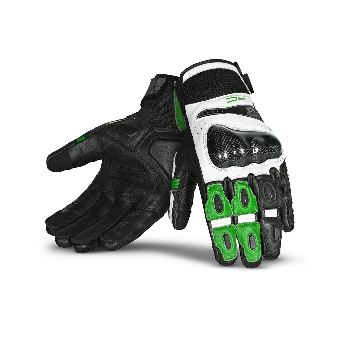 BELA ROCKET Moto Couro Curta Luvas Branco Verde Preto