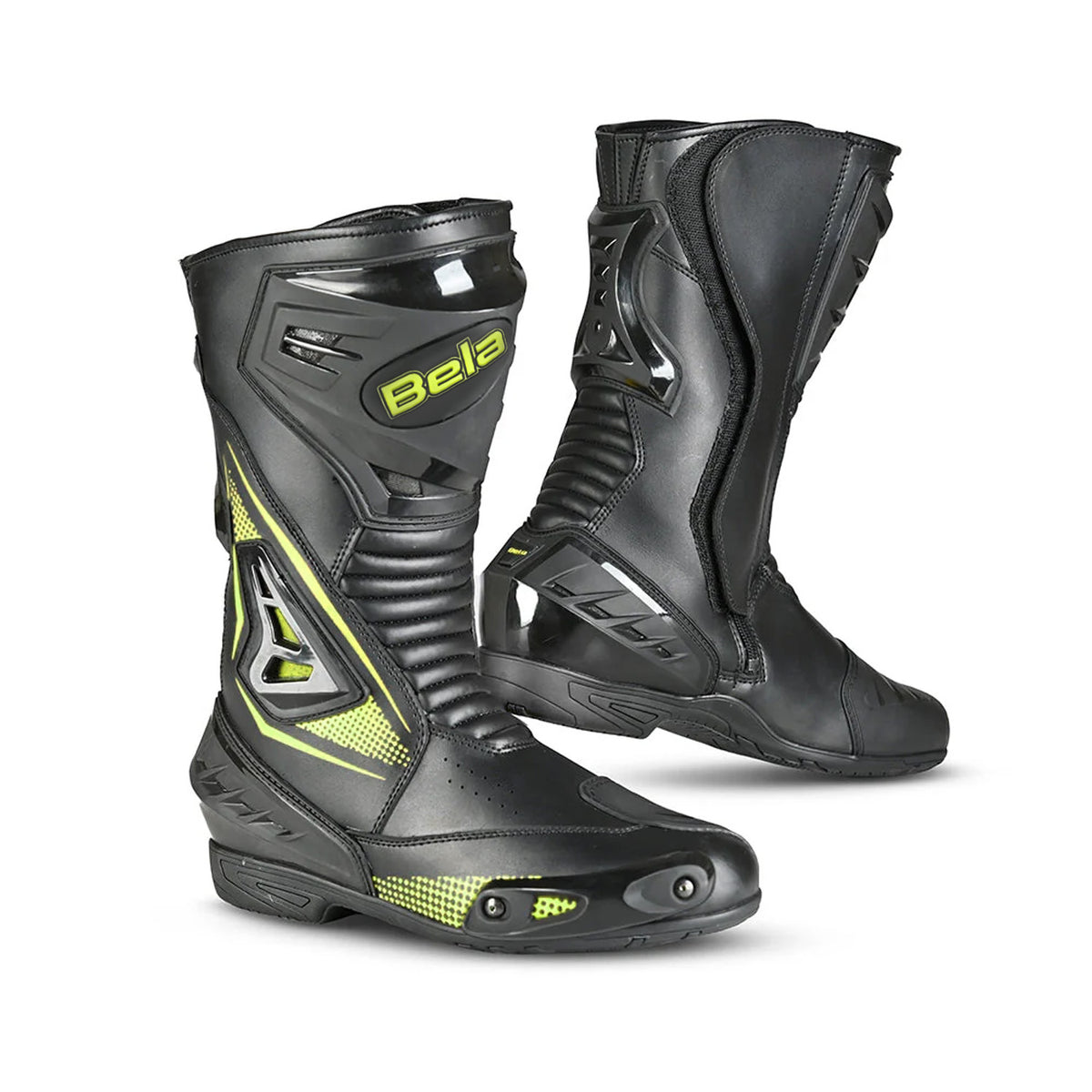 BELA MASTER Men's Motorcycle Leather Boots Black Fluorescent Yellow