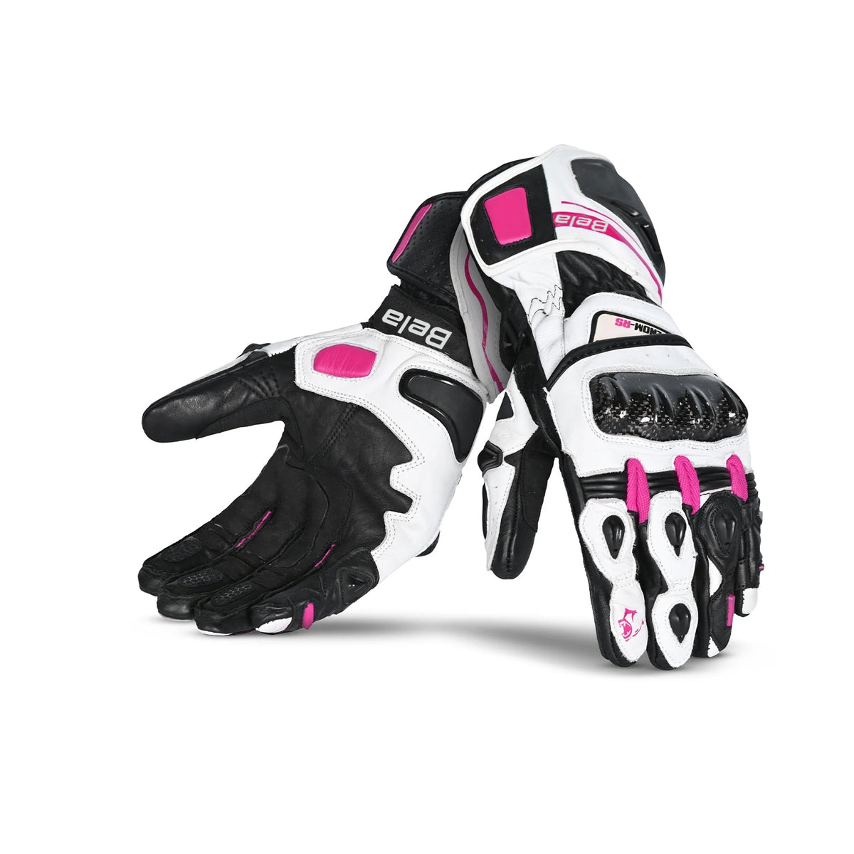 BELA Venom RS Racing Luvas De Moto Senhora Couro Preto Branco Rosa