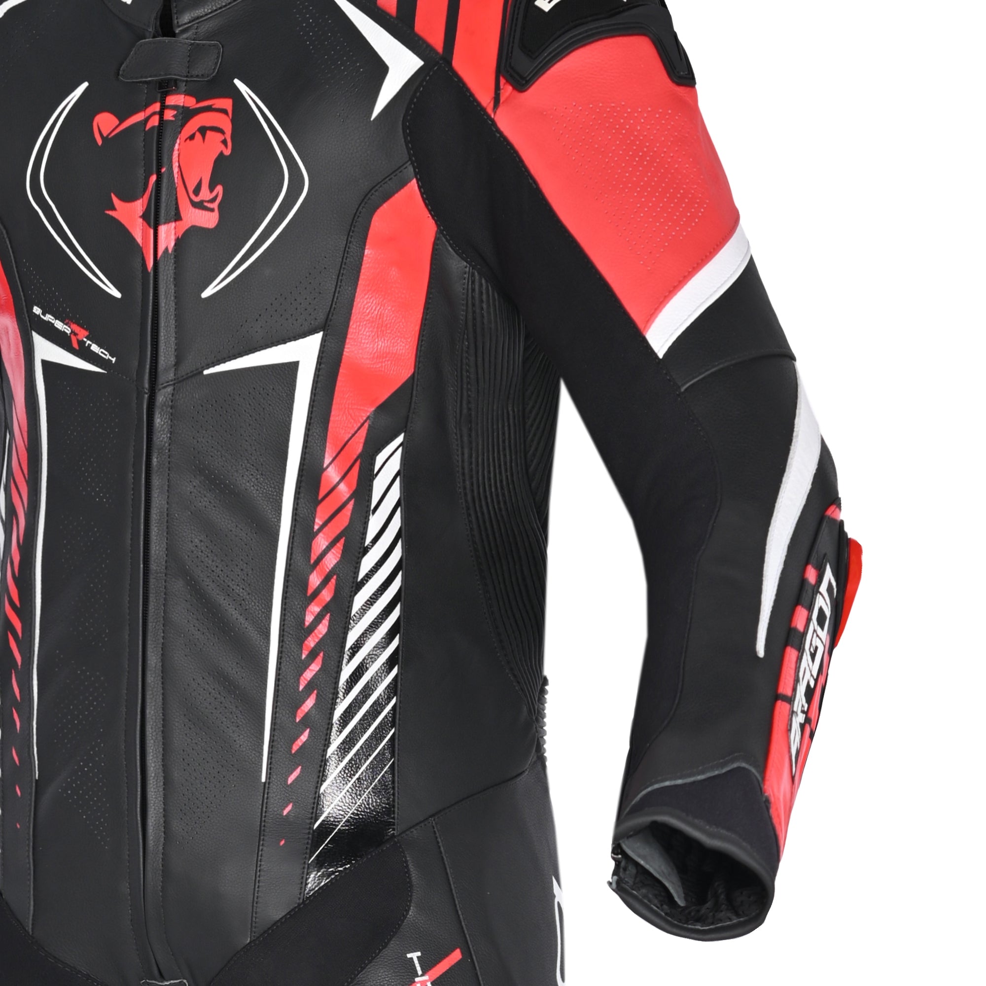 BELA ARAGONE 1 PC Couro Moto Fato Preto Vermelho - Imagem superior frontal esquerda do traje