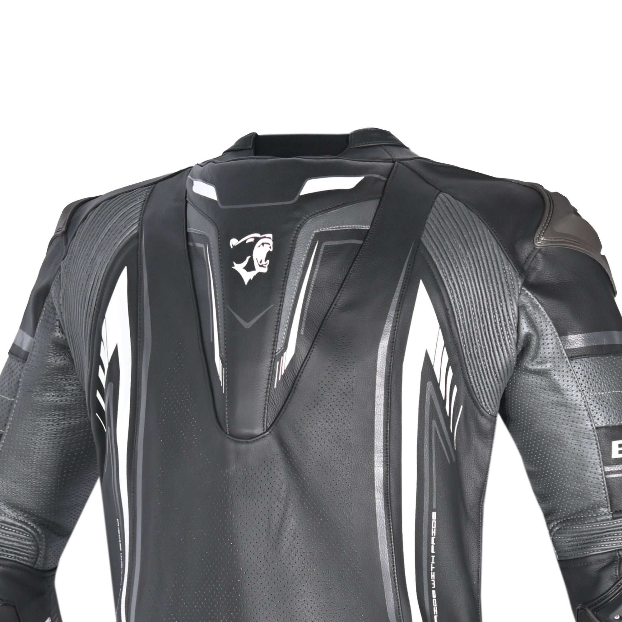 BELA BEAST 1 PC Couro Moto Fatos Preto Branco - Imagem da parte superior das costas do terno