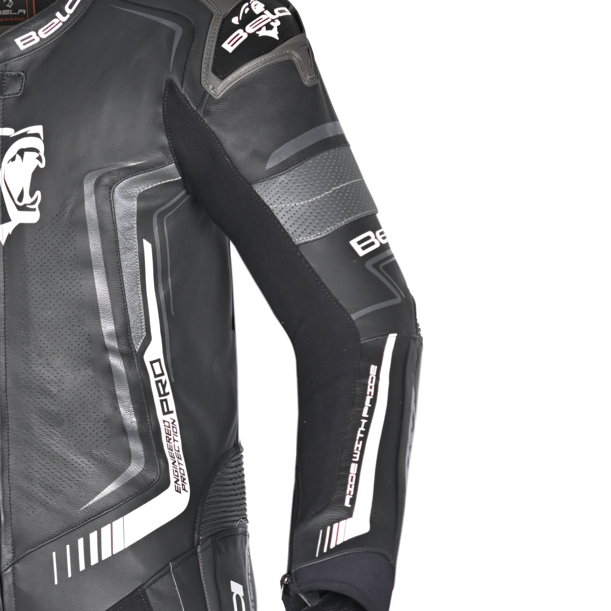 BELA BEAST 1 PC Couro Moto Fatos Preto Branco - Imagem superior frontal esquerda do traje